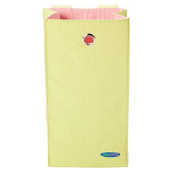 Yellow fabric laundry hamper with pink interior and metal handle for easy carrying.
