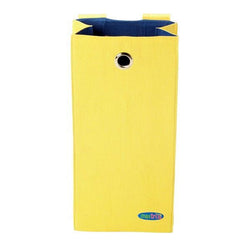 Yellow fabric laundry hamper with blue interior and circular metal handle.
