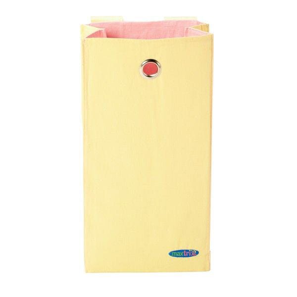 Yellow fabric laundry basket with a circular handle and pink interior.