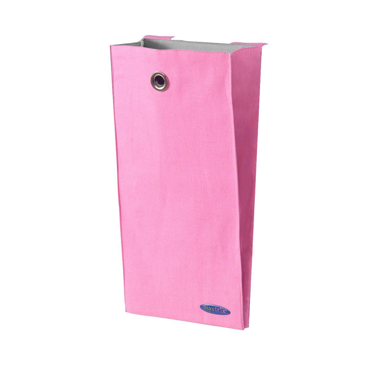 Pink canvas storage bin with grommet for home organization.
