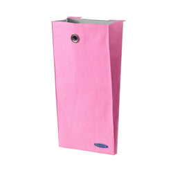 Pink canvas storage bin with grommet for home organization.