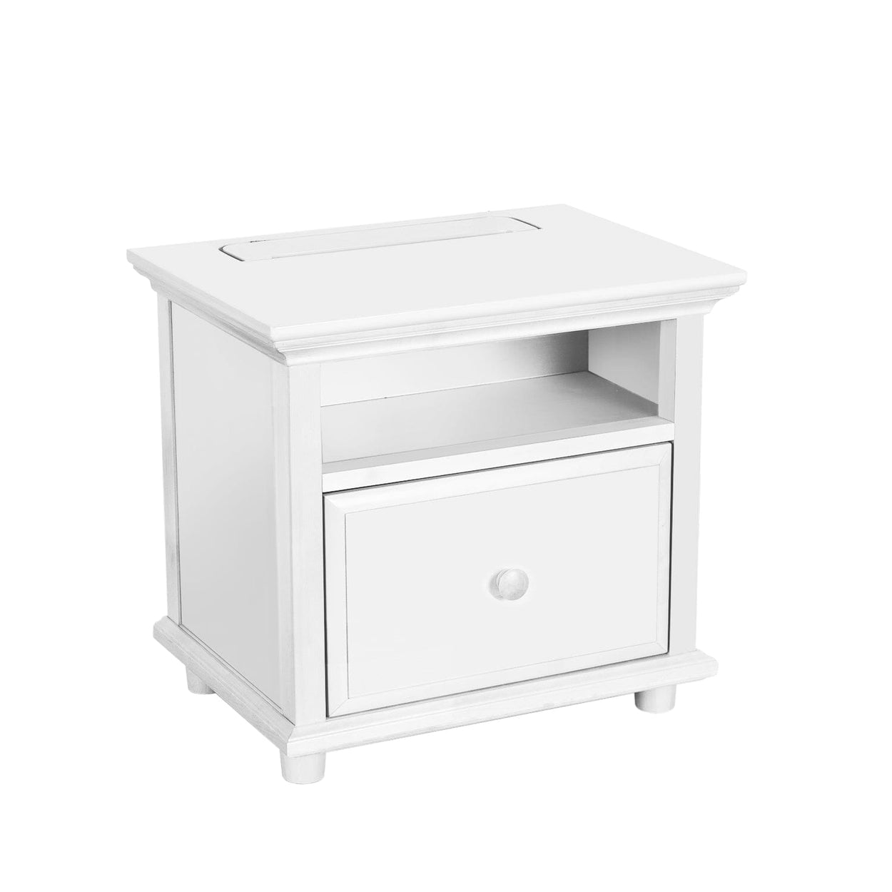 White wooden nightstand with drawer and shelf for bedroom storage.