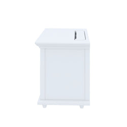 Side view of a white wooden recycling bin with a top opening slot.