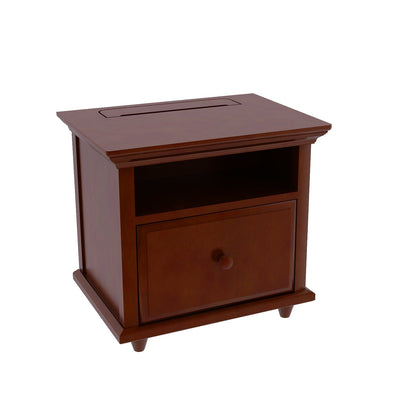 Wooden nightstand with drawer and open shelf in a dark finish.