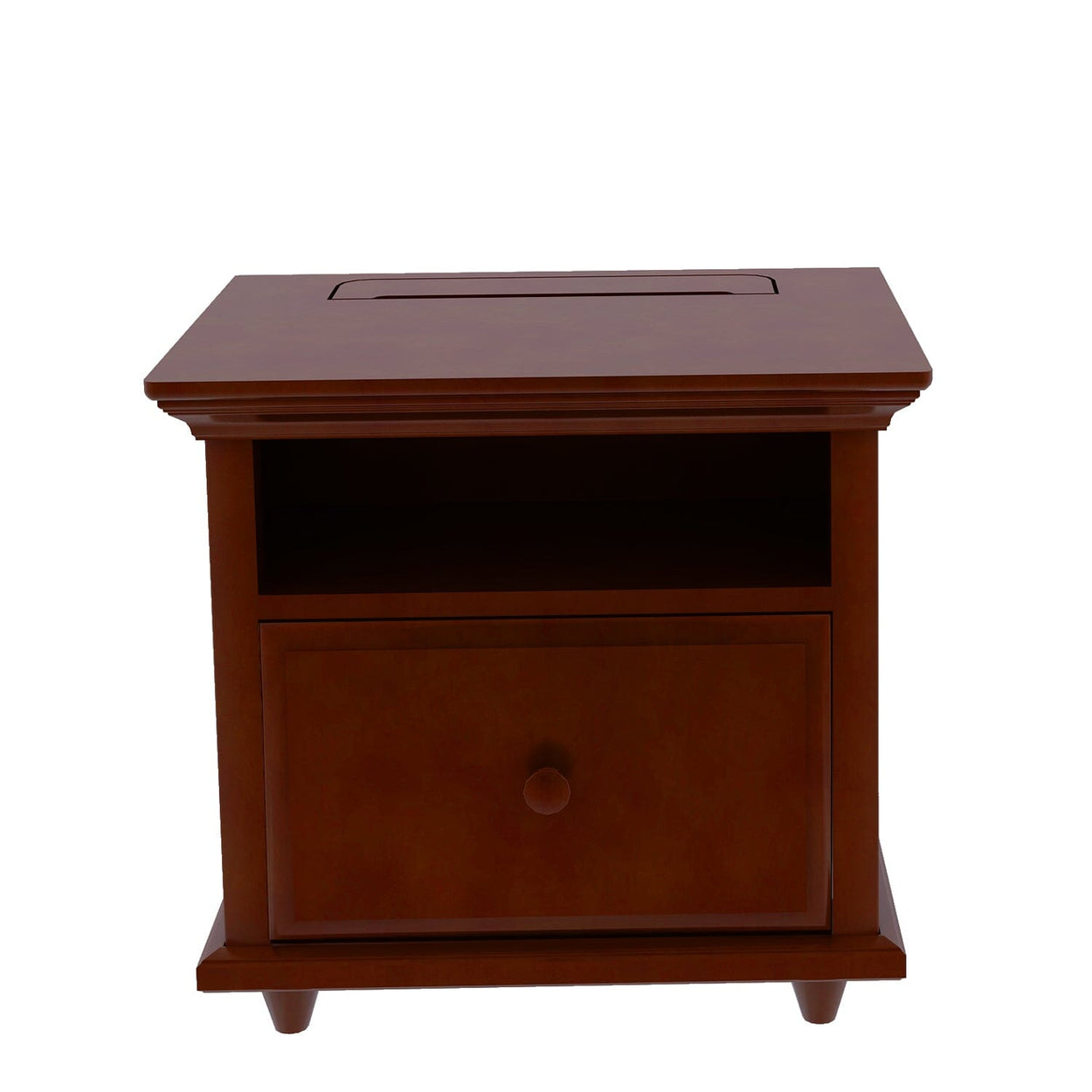 Wooden bedside table with drawer and shelf for modern bedroom storage.