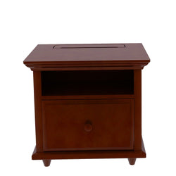 Wooden bedside table with drawer and shelf for modern bedroom storage.