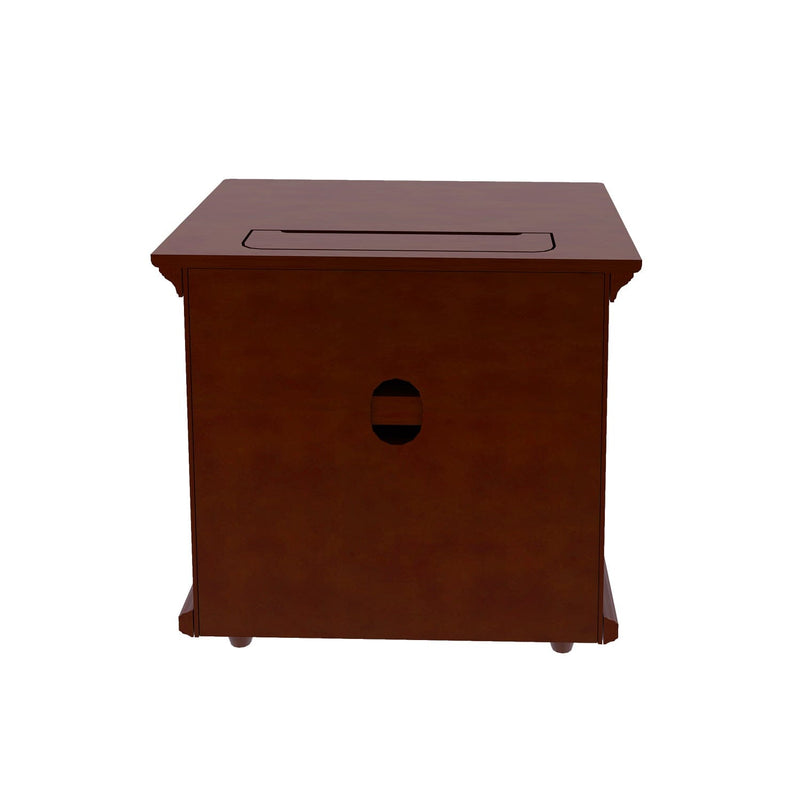 Mahogany wooden ballot box with top paper slot and front circular access hole, rectangular donation/suggestion box on white background