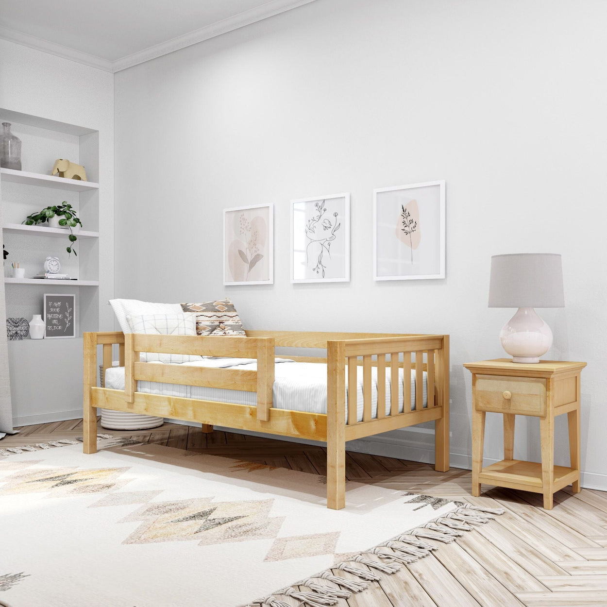 Cozy children's bedroom with wooden bed, nightstand, and minimalist decor.