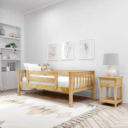 Cozy children's bedroom with wooden bed, nightstand, and minimalist decor.