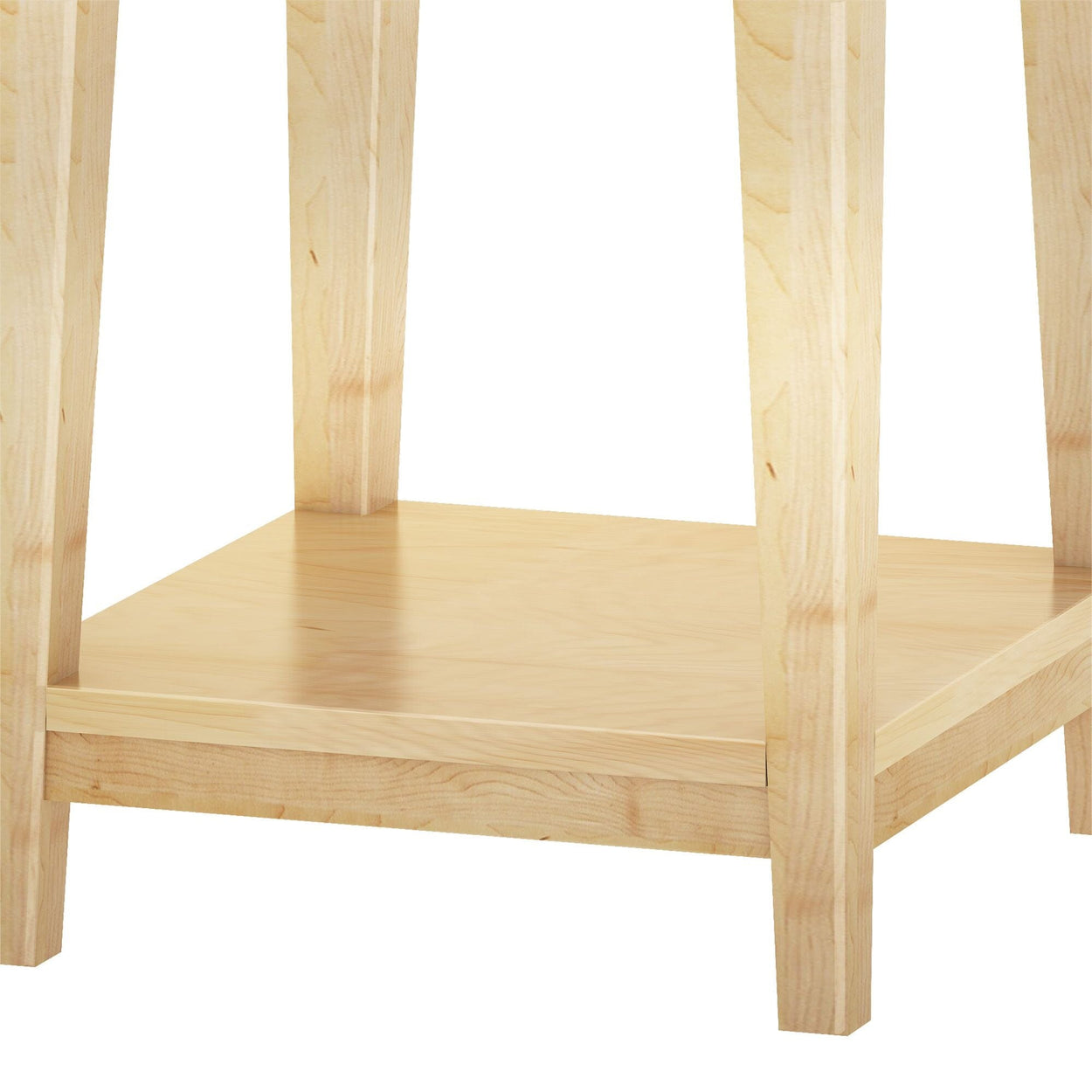 Wooden table leg and shelf detail, showcasing natural grain and craftsmanship.