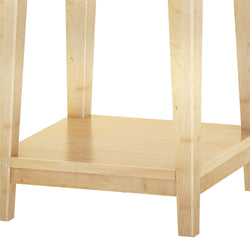 Wooden table leg and shelf detail, showcasing natural grain and craftsmanship.