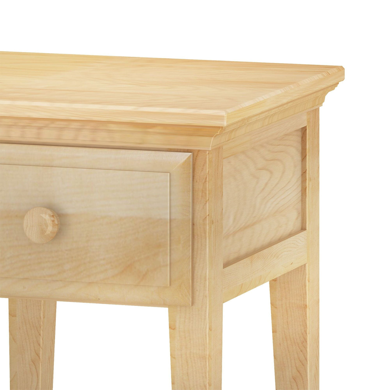 Natural wood side table with a drawer and minimalist design.