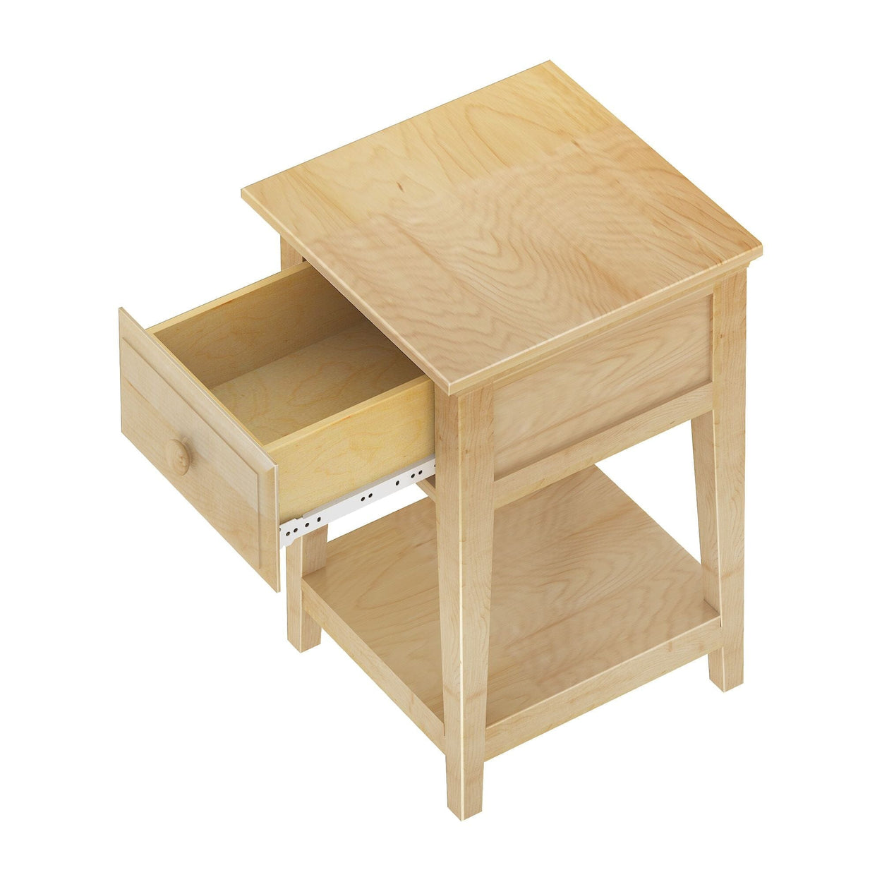 Wooden side table with open drawer and storage shelf, perfect for living room or bedroom decor.