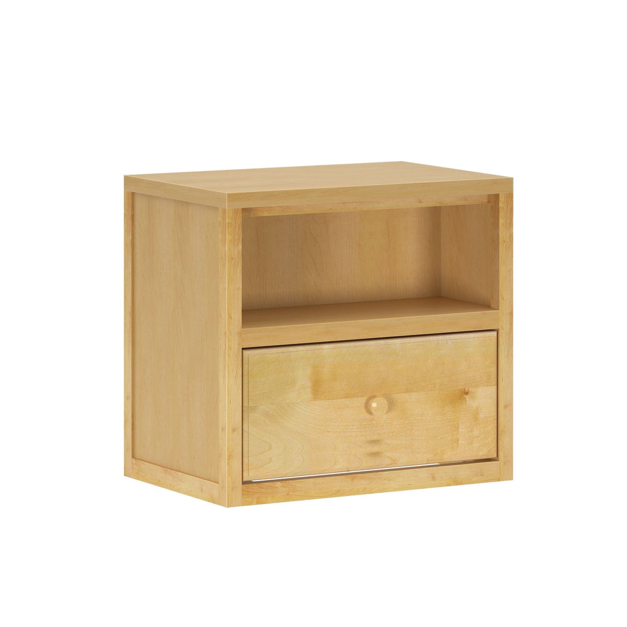 Natural wood bedside table with drawer and open shelf for bedroom storage.