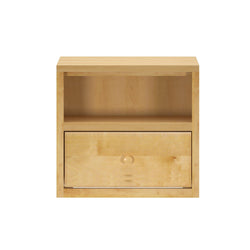Natural wood nightstand with open shelf and drawer for bedroom storage solutions.