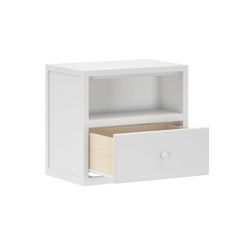 White modern bedside table nightstand with open cubby and partially open drawer showing light wood interior, bedroom storage furniture
