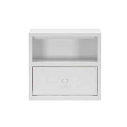 White modern wall-mounted shelf with a single drawer and open compartment.