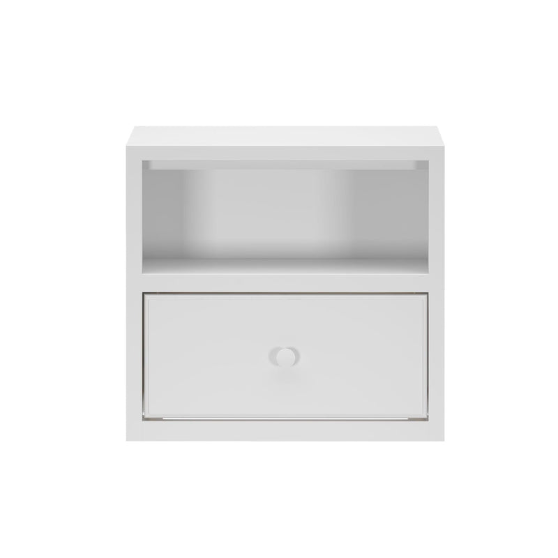 White minimalist bedside table with open cubby shelf and single knob drawer, modern nightstand with clean lines