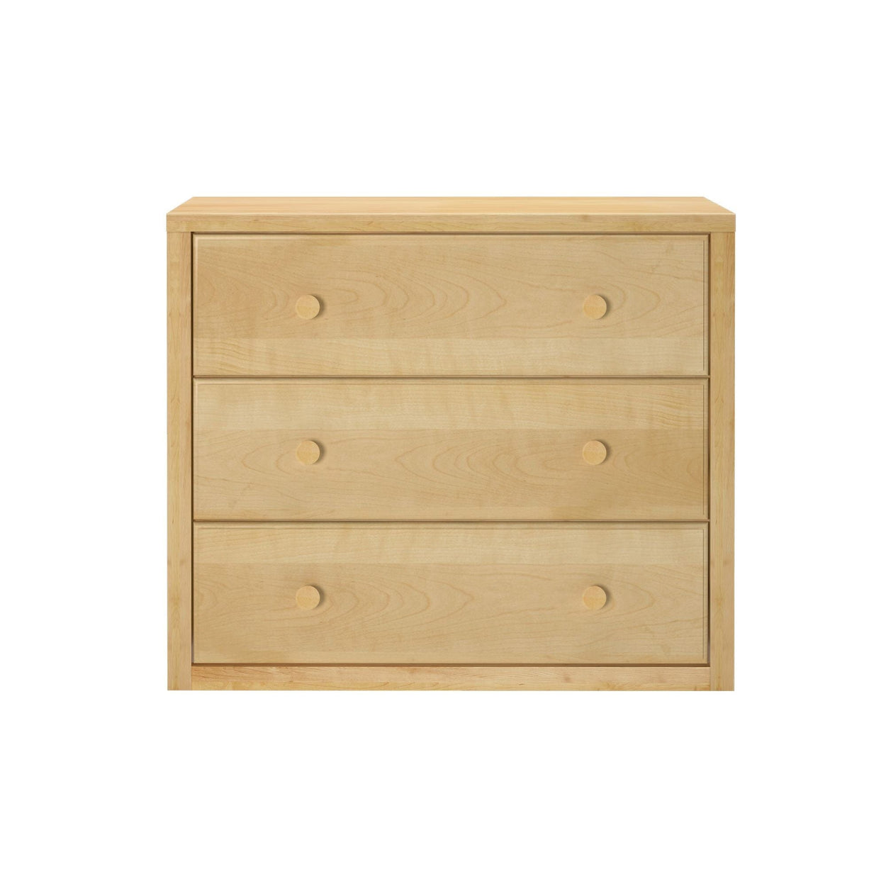 Three-drawer natural wood dresser for home storage.