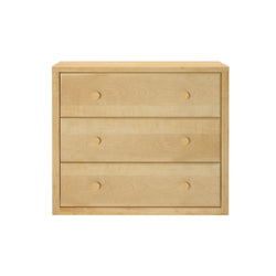 Three-drawer natural wood dresser for home storage.