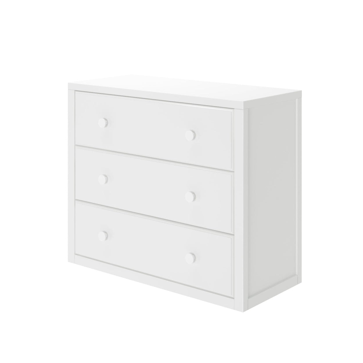 White three-drawer dresser for bedroom storage solutions.