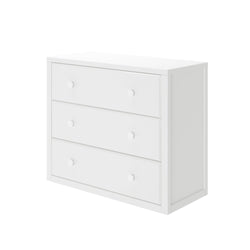 White three-drawer dresser for bedroom storage solutions.