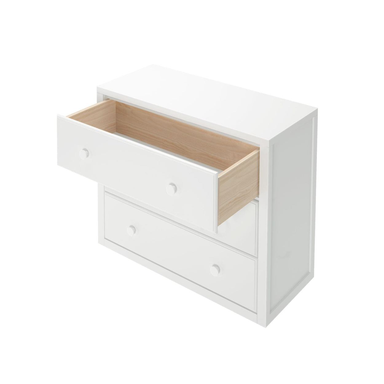 White three-drawer dresser with open top drawer, minimalist bedroom furniture.