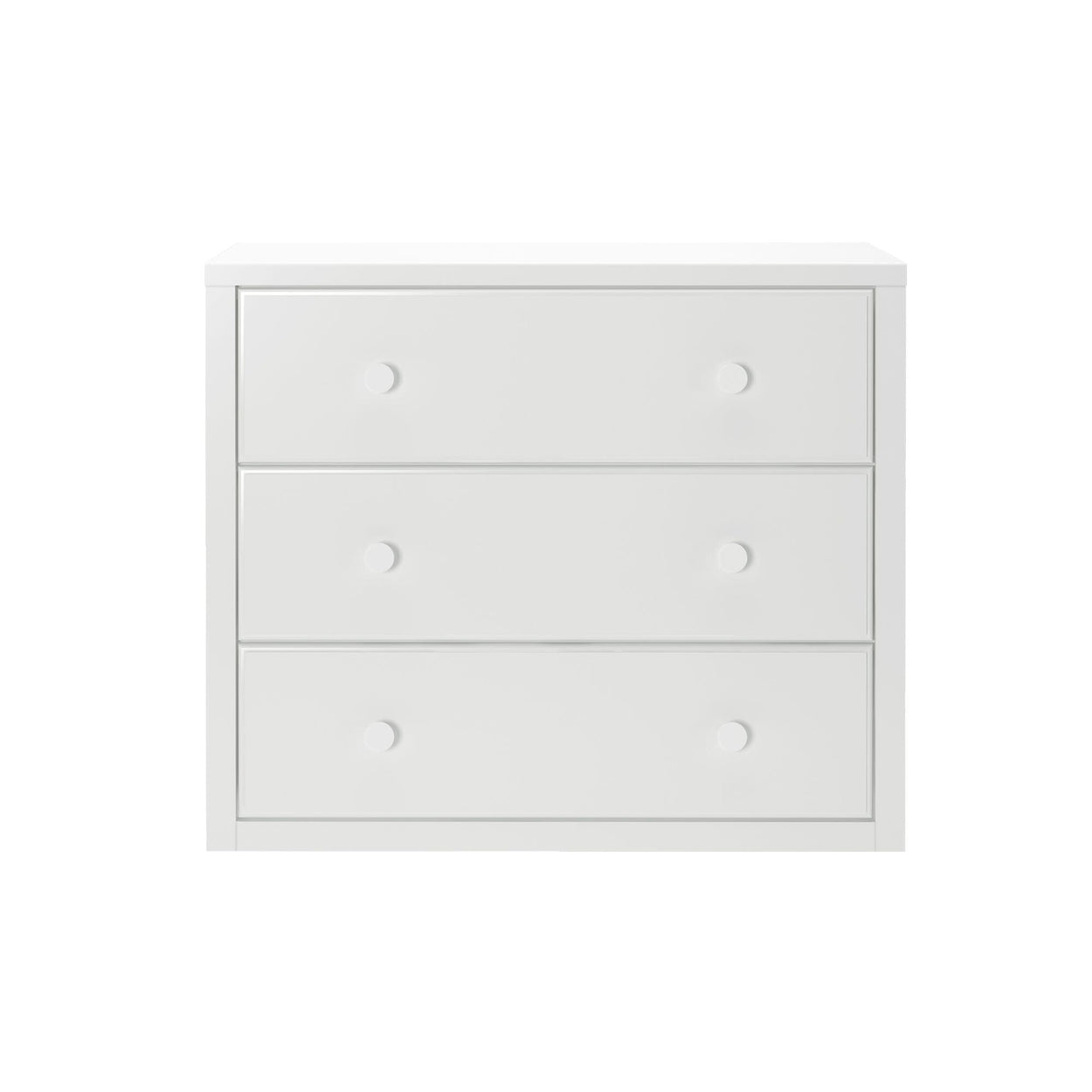 White three-drawer chest for bedroom storage and furniture organization.