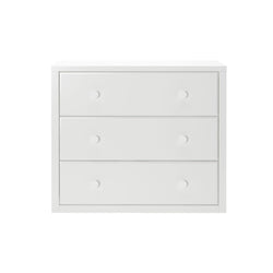 White three-drawer chest for bedroom storage and furniture organization.