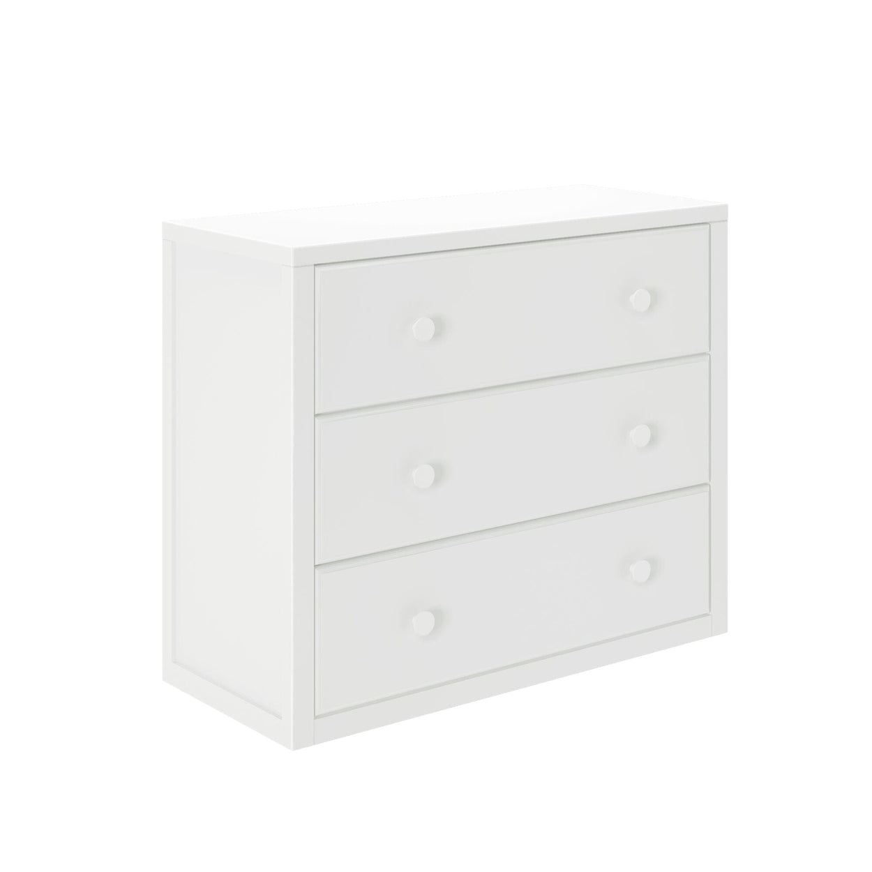 White three-drawer dresser for bedroom storage furniture.