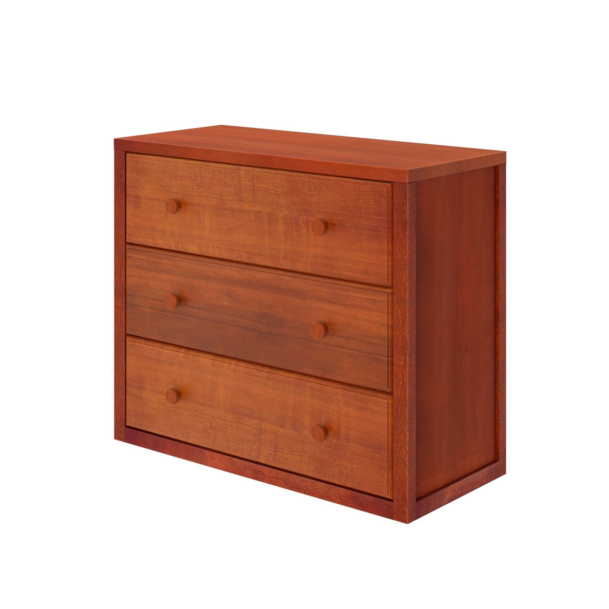 Wooden three-drawer dresser with a smooth finish and minimalist design.