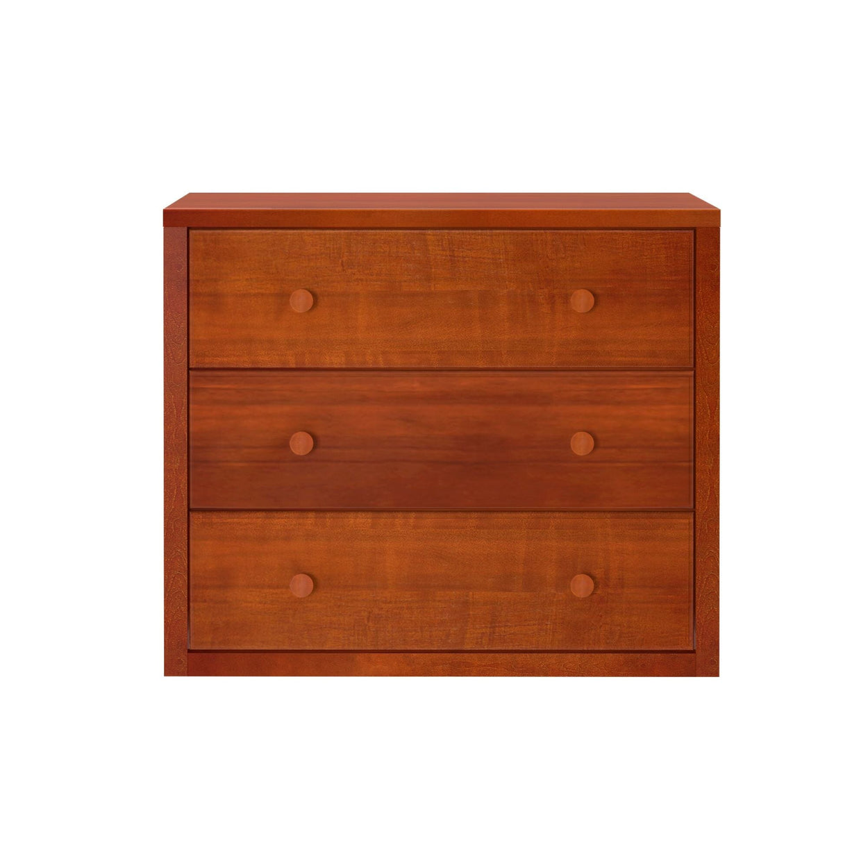 Wooden three-drawer dresser in rich cherry finish for bedroom storage.