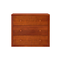 Wooden three-drawer dresser in rich cherry finish for bedroom storage.