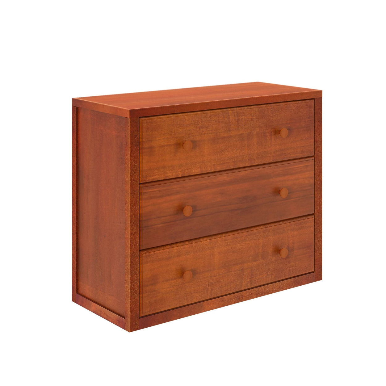 Brown wooden three-drawer dresser for bedroom storage.