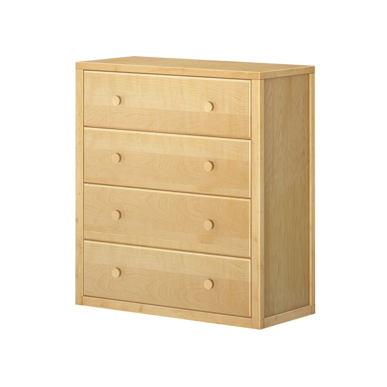 Wooden four-drawer dresser with natural finish suitable for bedroom storage.