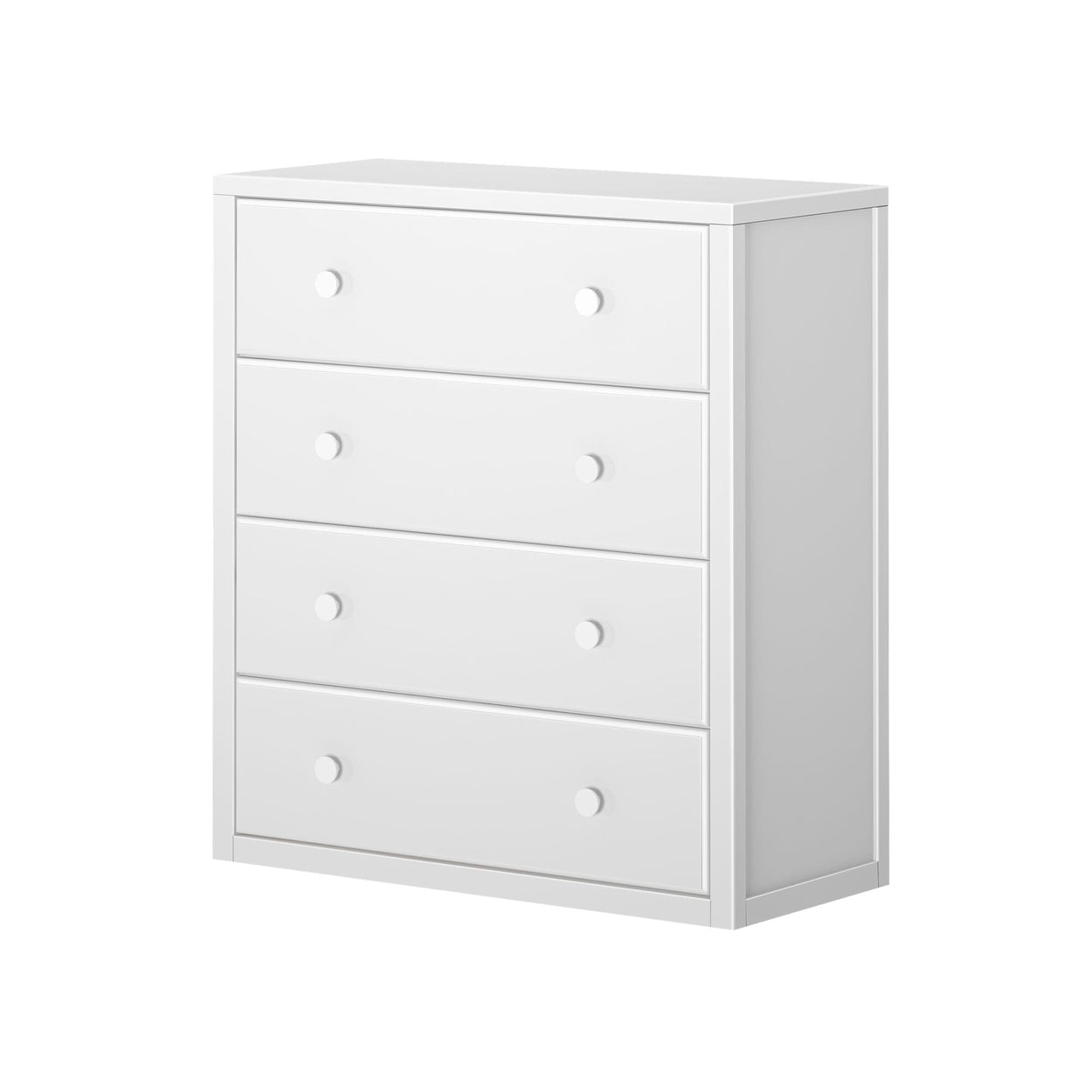 White four-drawer dresser for bedroom storage solutions.
