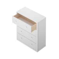 White wooden dresser with an open top drawer, showcasing modern bedroom furniture design.
