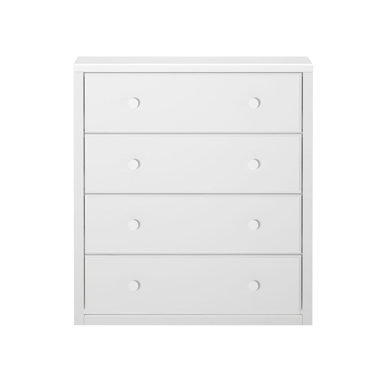 White four-drawer wooden dresser with minimalist design.
