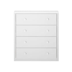 White four-drawer wooden dresser with minimalist design.
