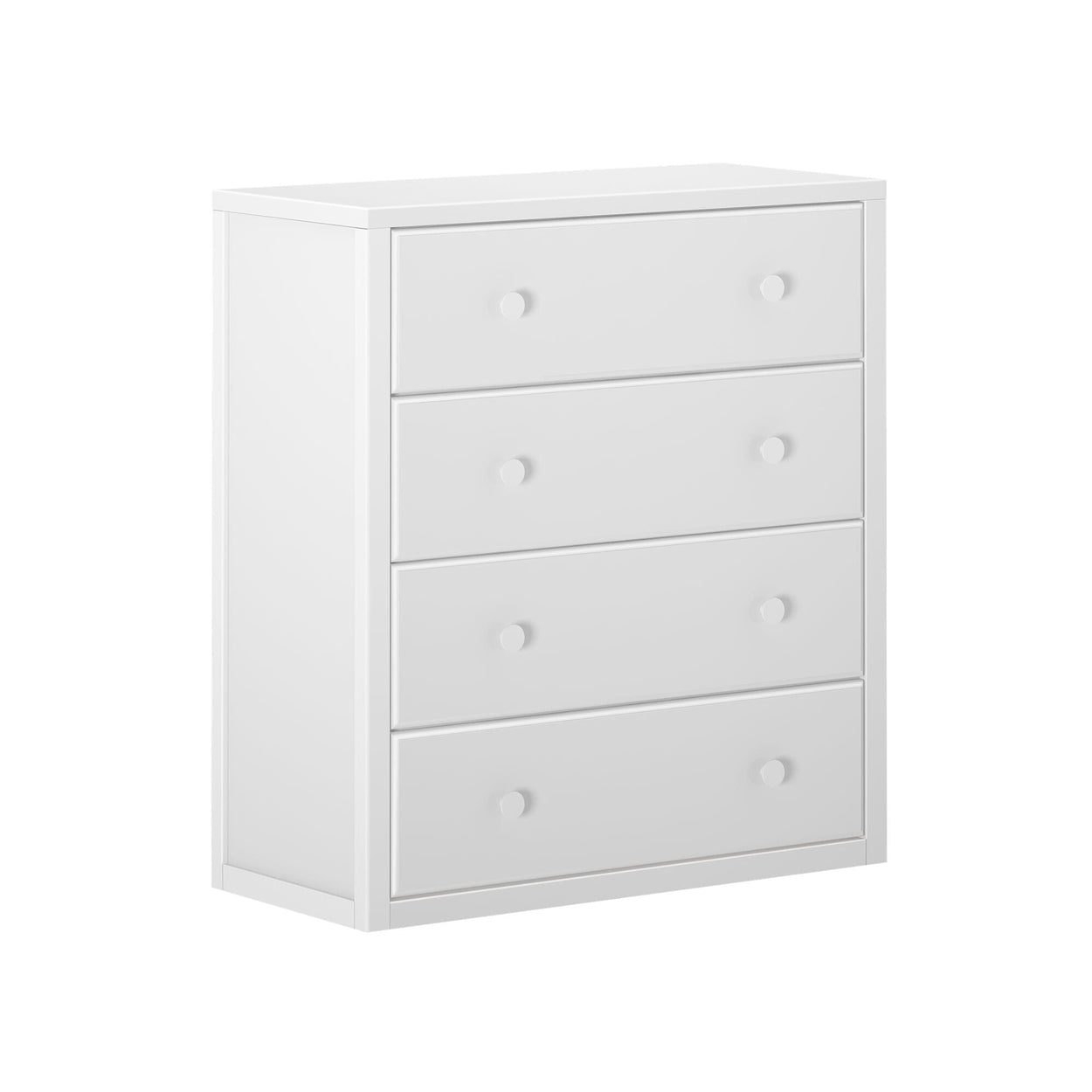 White four-drawer dresser for bedroom storage and organization.
