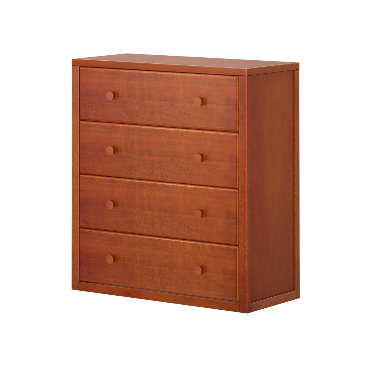 ```plaintext
Wooden chest of drawers with four compartments in a rich brown finish, perfect for bedroom storage solutions.
```