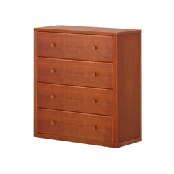 ```plaintext
Wooden chest of drawers with four compartments in a rich brown finish, perfect for bedroom storage solutions.
```