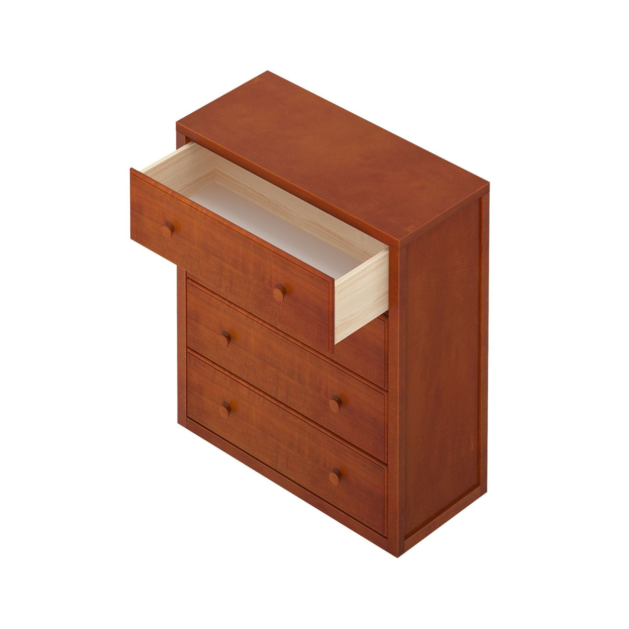 Brown wooden dresser with one drawer open, featuring a minimalist design and four spacious compartments.