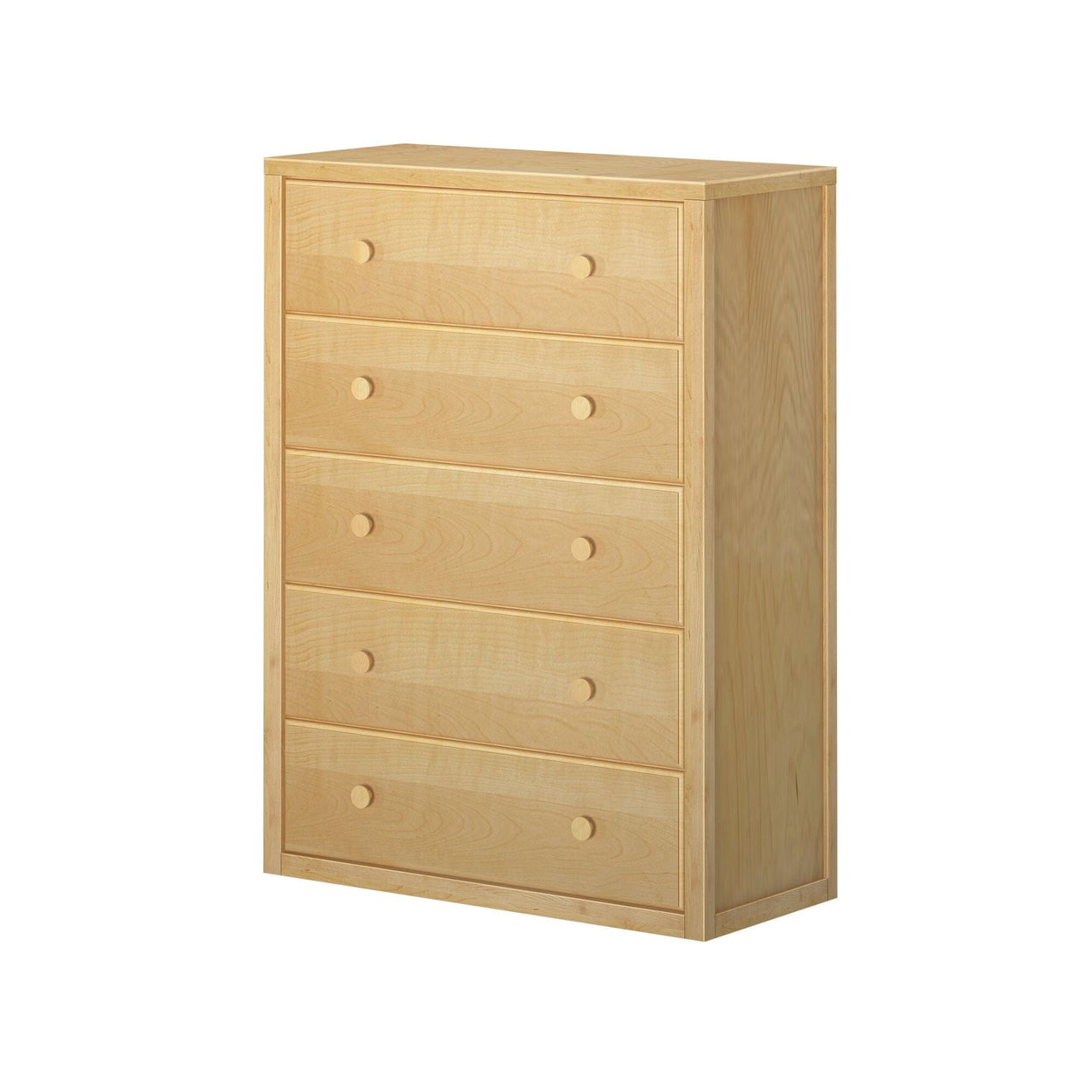 Wooden chest of drawers with five compartments in light oak finish.