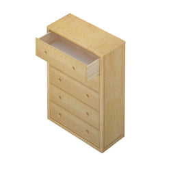 Natural wood chest of drawers with open top drawer, showcasing modern storage furniture design.