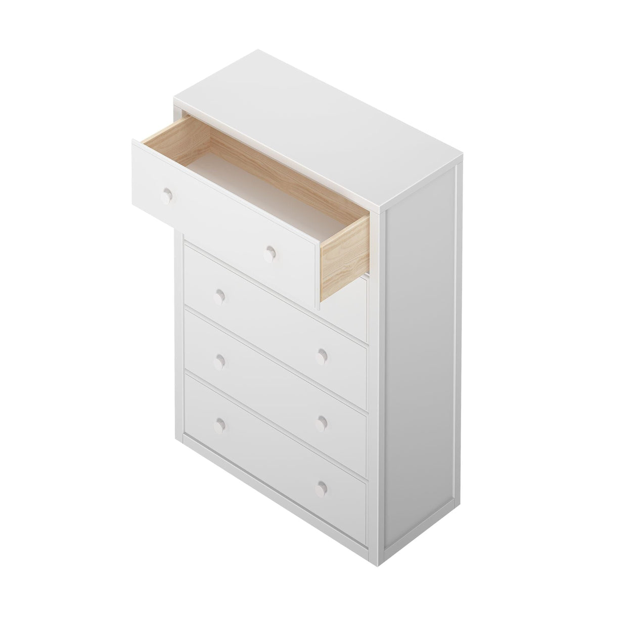 White wooden dresser with open top drawer displaying storage capability.