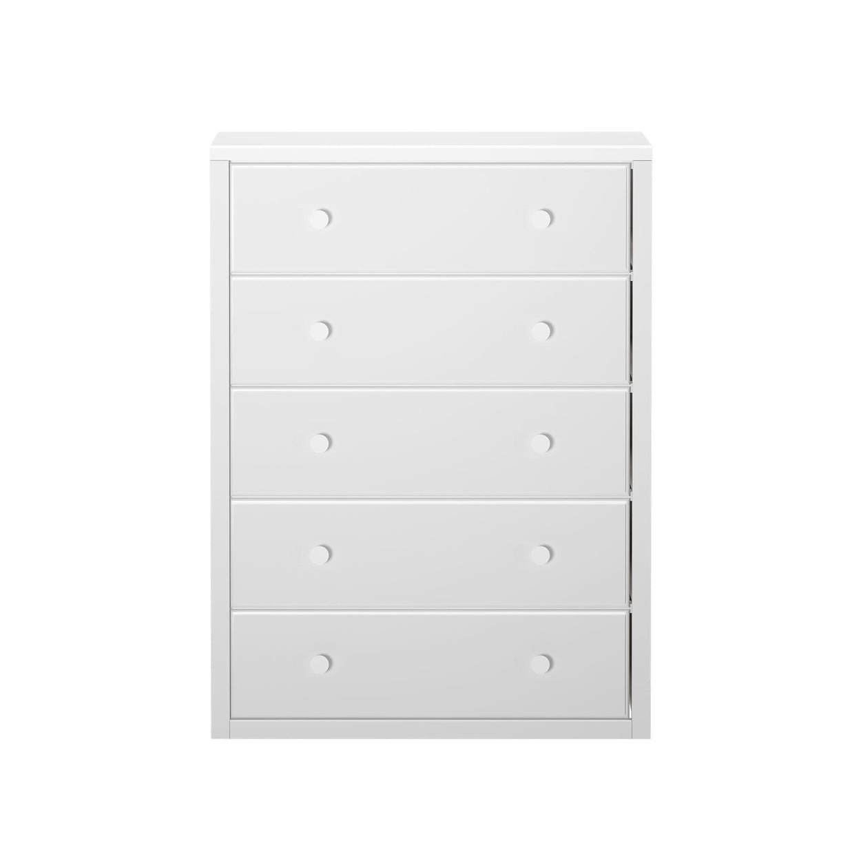 White five-drawer dresser for bedroom storage furniture.