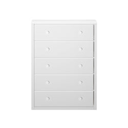 White five-drawer dresser for bedroom storage furniture.