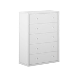 White five-drawer dresser for bedroom storage solutions.