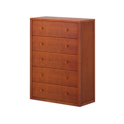 Wooden five-drawer chest of drawers in cherry finish, ideal for bedroom storage and organization.